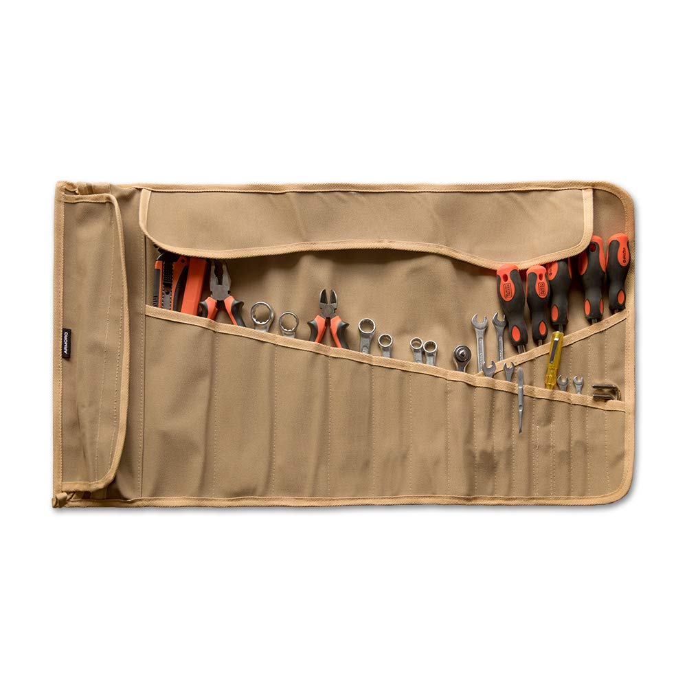 Canvas Roll Organizer Tool Bag, 23 Slots and 1 Pocket for DIY Enthusiasts (Sand)